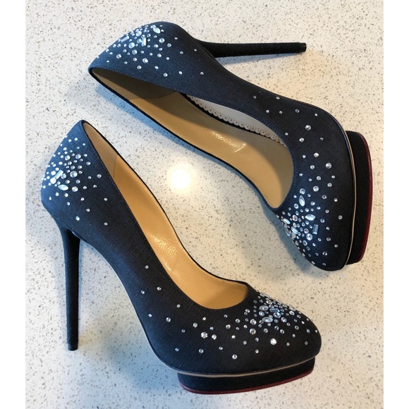 Charlotte Olympia Black Linen Bejeweled stiletto 9 - Picture 3 of 8